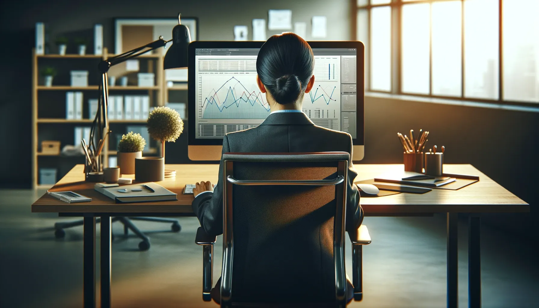 An office worker of an indeterminate gender and mixed descent, dressed in professional attire, is seated at a modern office desk. They are intently looking at a sleek computer monitor which displays a detailed line chart with multiple data points and trend lines. The view is from behind the worker, showing the back of their swivel chair and the ambient office environment around them, which includes a few potted plants, personal items, and other office paraphernalia. The scene is bathed in soft, natural light from a nearby window, creating a focused yet comfortable workspace atmosphere. The image should convey a sense of concentration and professionalism.