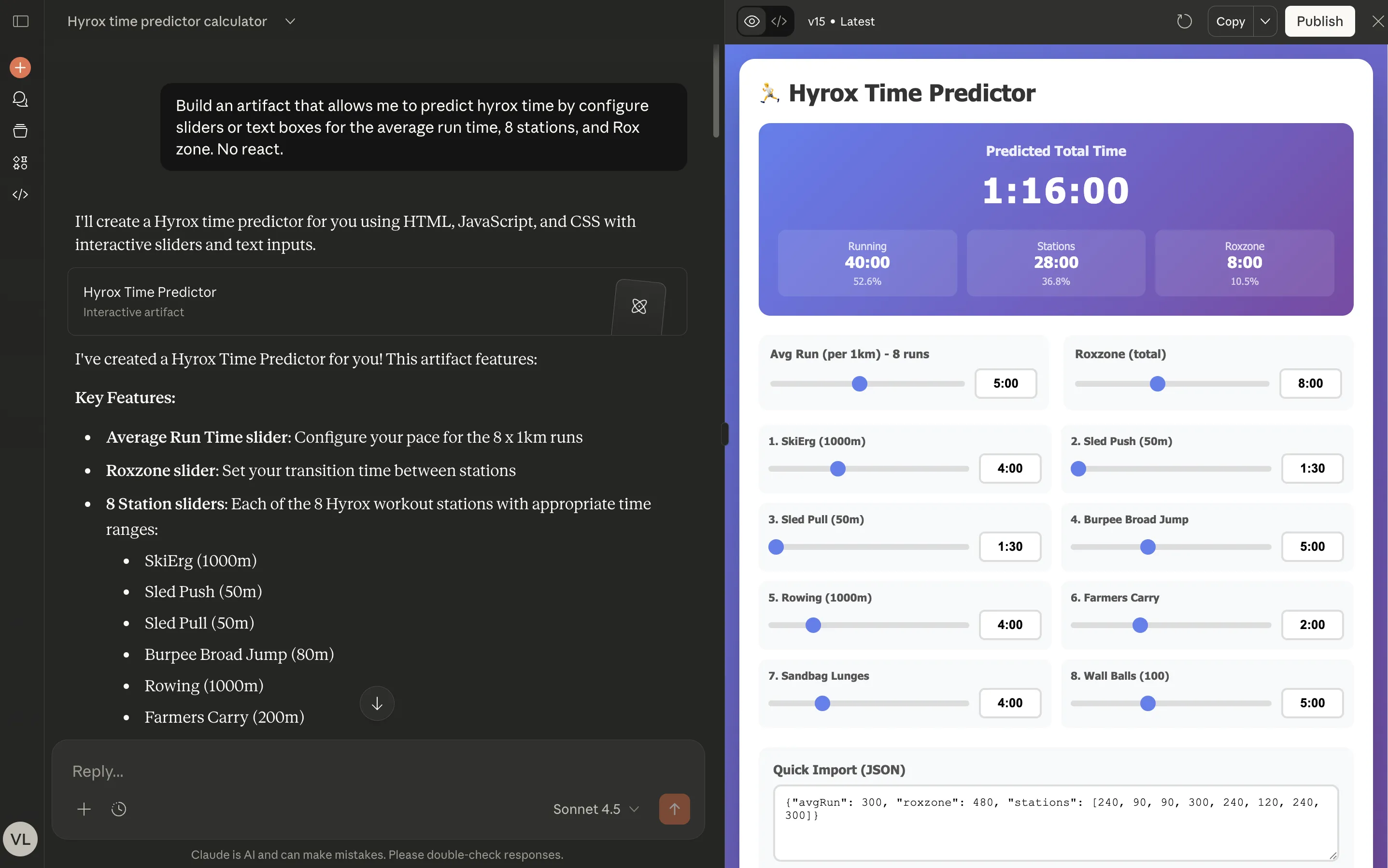 My initial prompt with Claude to generate the Hyrox Predictor Artifact